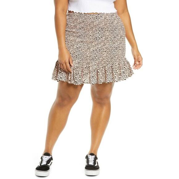 BP. Nordstrom Pink/Black Animal Print Rayon Smocked Ruffle Mini Skirt Size 3X - Picture 1 of 5
